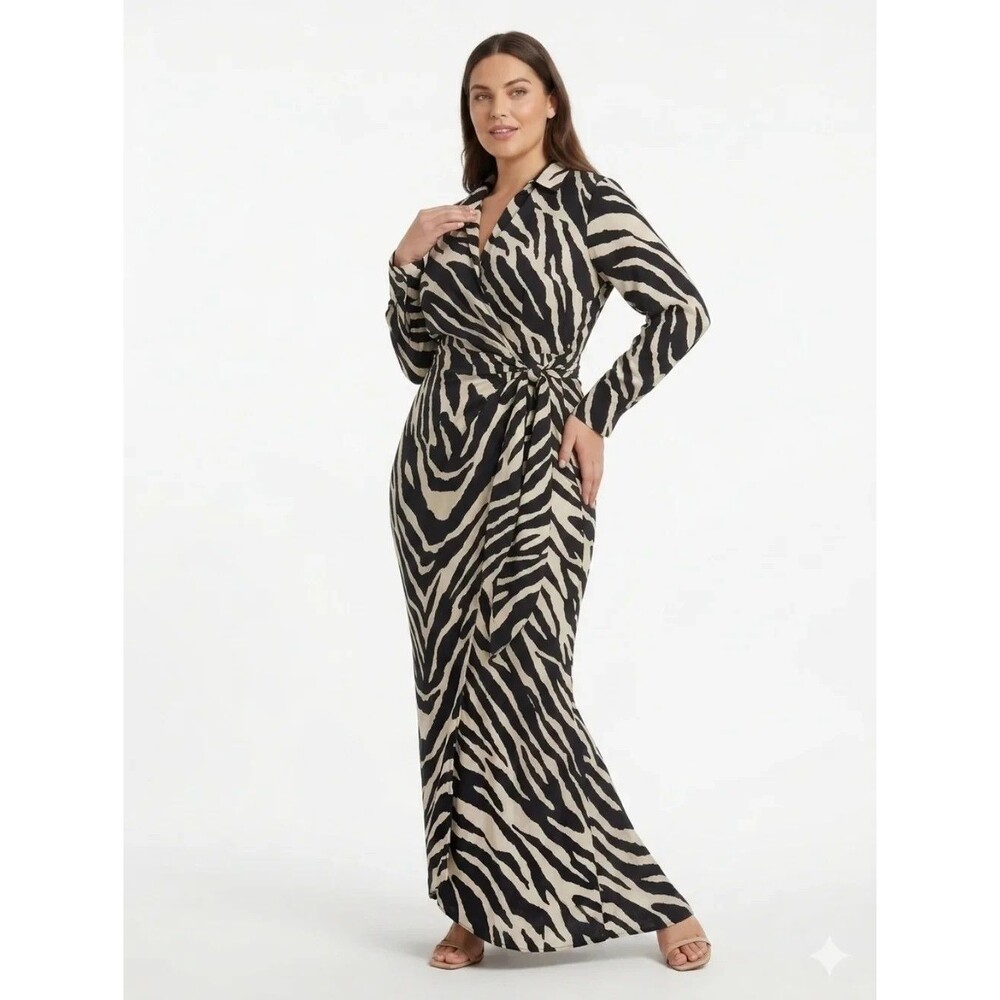 12th Tribe XL Zebra Print Wrap Maxi Dress Collared Long Sleeve Black Cream NWT